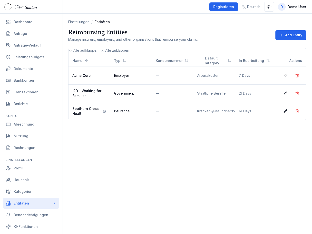 ClaimStation Settings Entities